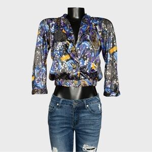 Vintage 80s Crop Top Blouse Medium 3/4 Sleeve Chunky Button Dopamine Pockets